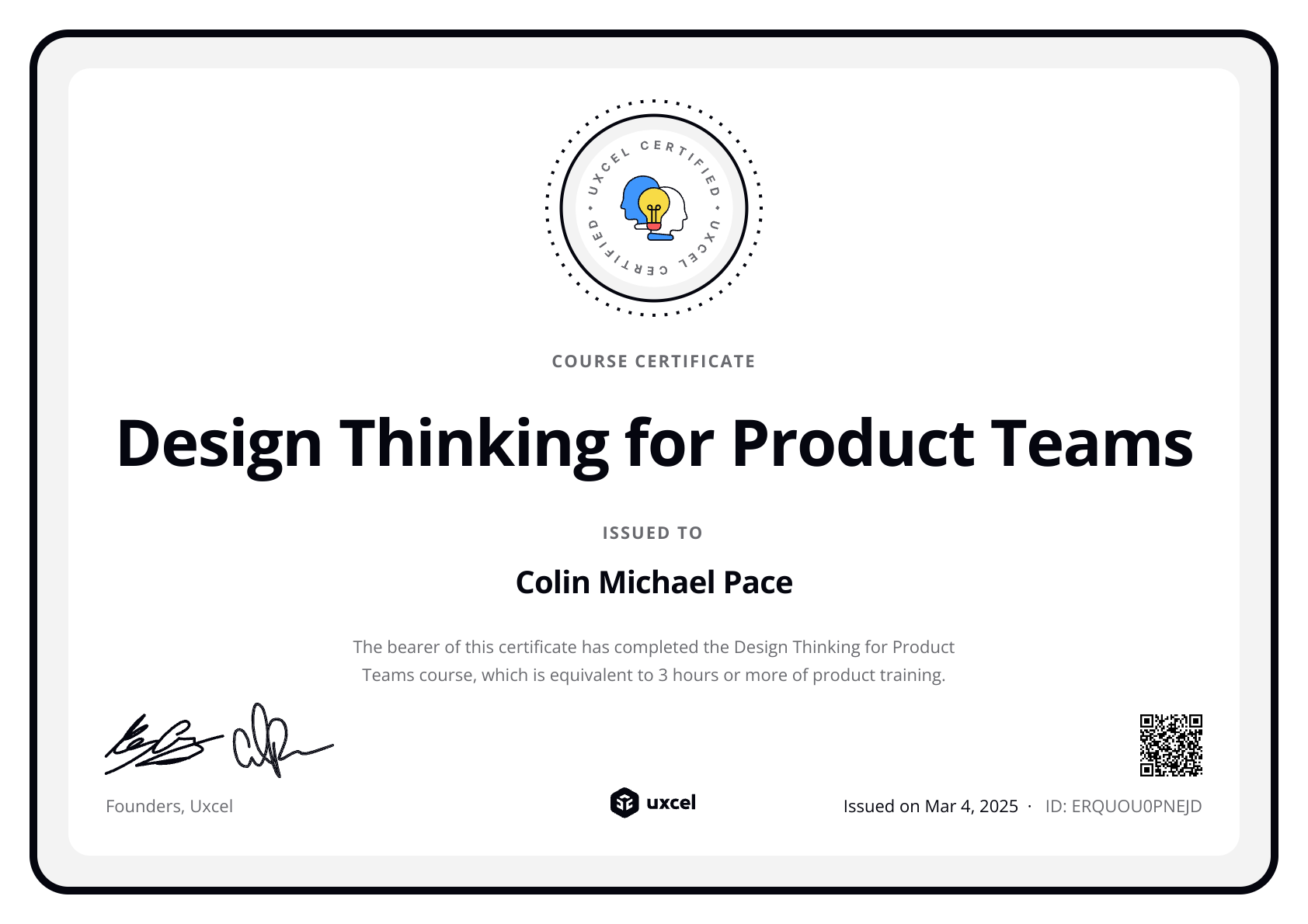 Colin Michael Pace's certificate